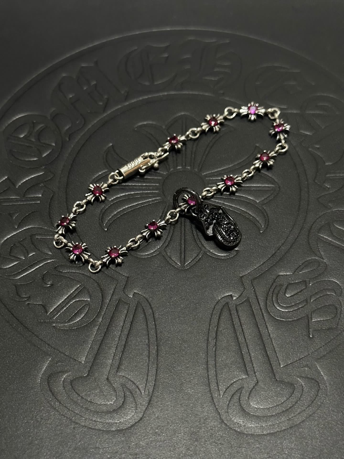 Chrome Hearts Silver and Ruby Gemstone Bracelet with Beetle Charm